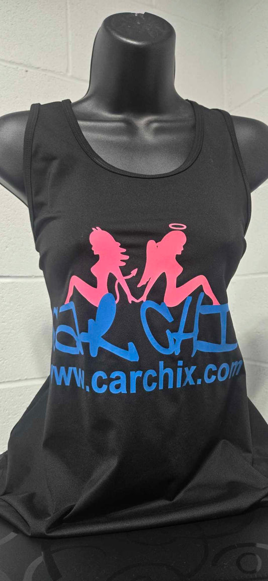 Custom Shredded Back Car Chix Tank Top - Black/Pink/Blue