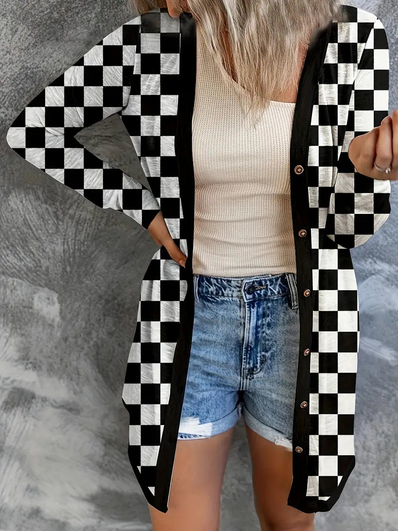 Checkered V-Neck Cardigan